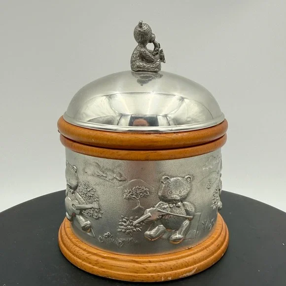 Vintage Royal Selanger Teddy Bear Music Box Pewter & Wood - Picture 2 of 6